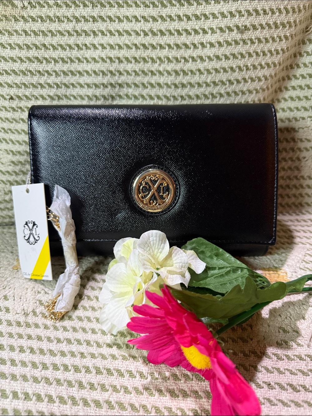 Christian Lacroix Black Clutch with Gold Medallion Accent